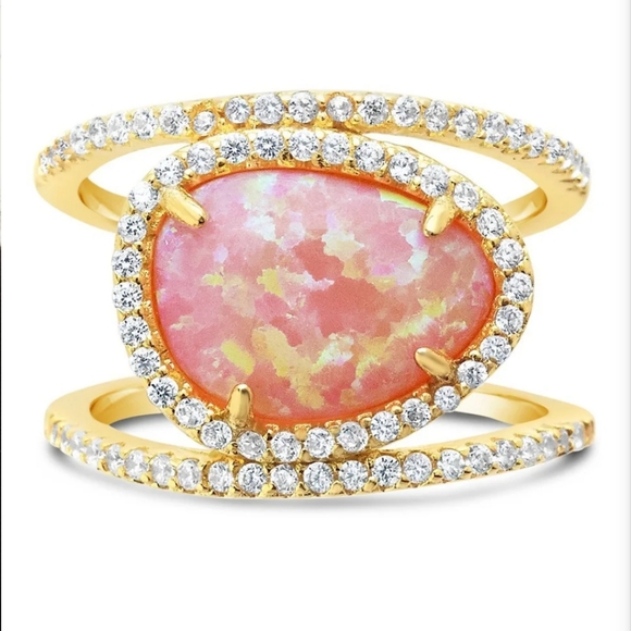 NWT 14K Gold Plated Sterling Silver Created Opal Oval Gemstone Ring, $90, size 7 - Picture 3 of 10